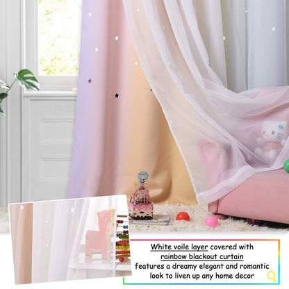 NICETOWN Rainbow Star Curtains for Girls Bedroom, Double Layer Colorful Stripes Kids Blackout Curtains Plus White Sheer Livingroom Window Curtains for School Classroom (Rainbow, W52 x L84, Sold by 2)