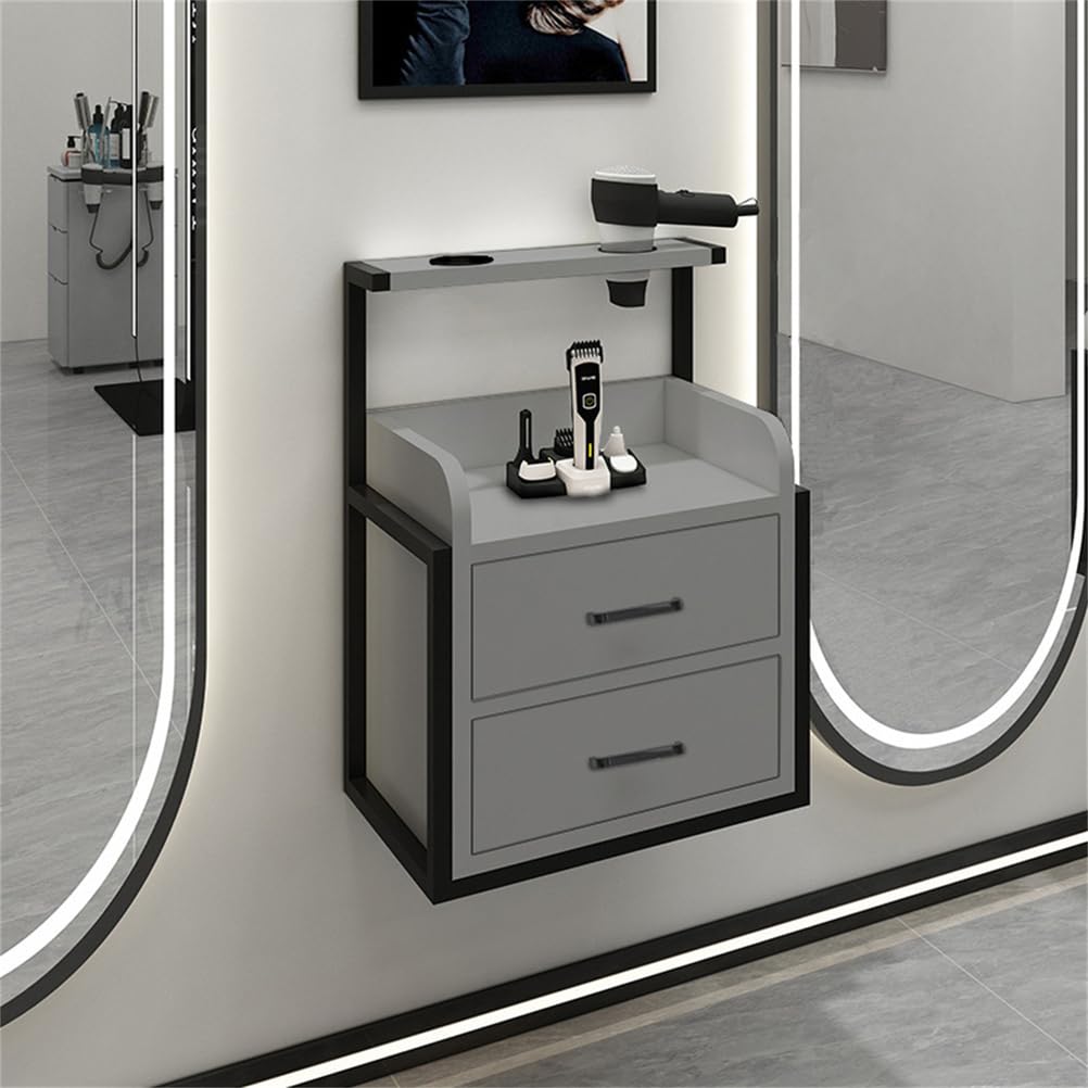 Wall Mounted Salon Cabinet with 2 Drawers, Hair Dryer Stand, Storage for Barber Shop, Facial Salon Station