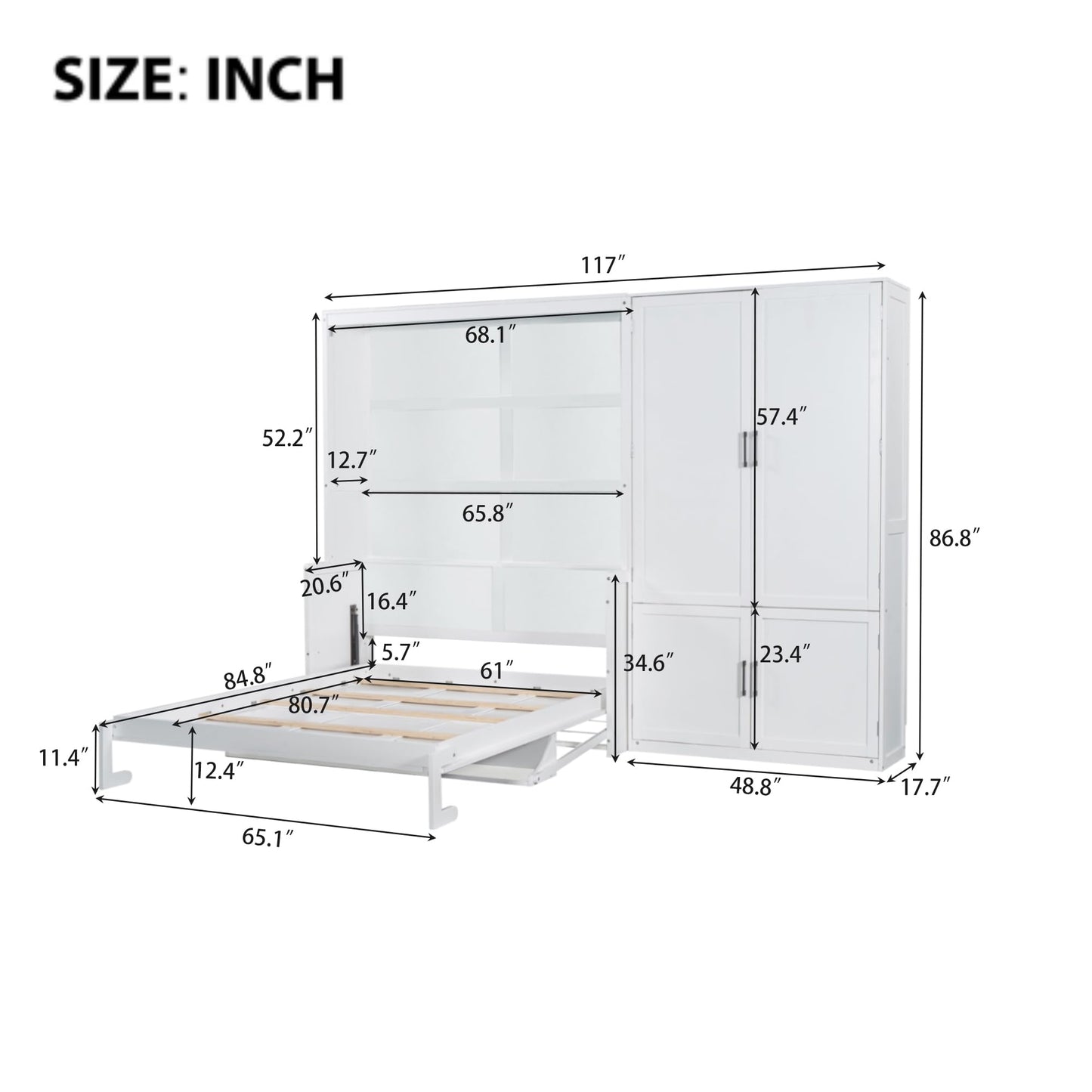 Ball & Cast Queen Size Murphy Bed Wall Bed with Built-in Wardrobe Storage and Hydraulic Lift System,Wood Hideaway Cabinet Platform Bedframe w/Slat Support,can be Folded,for Small Room,Dorms,White