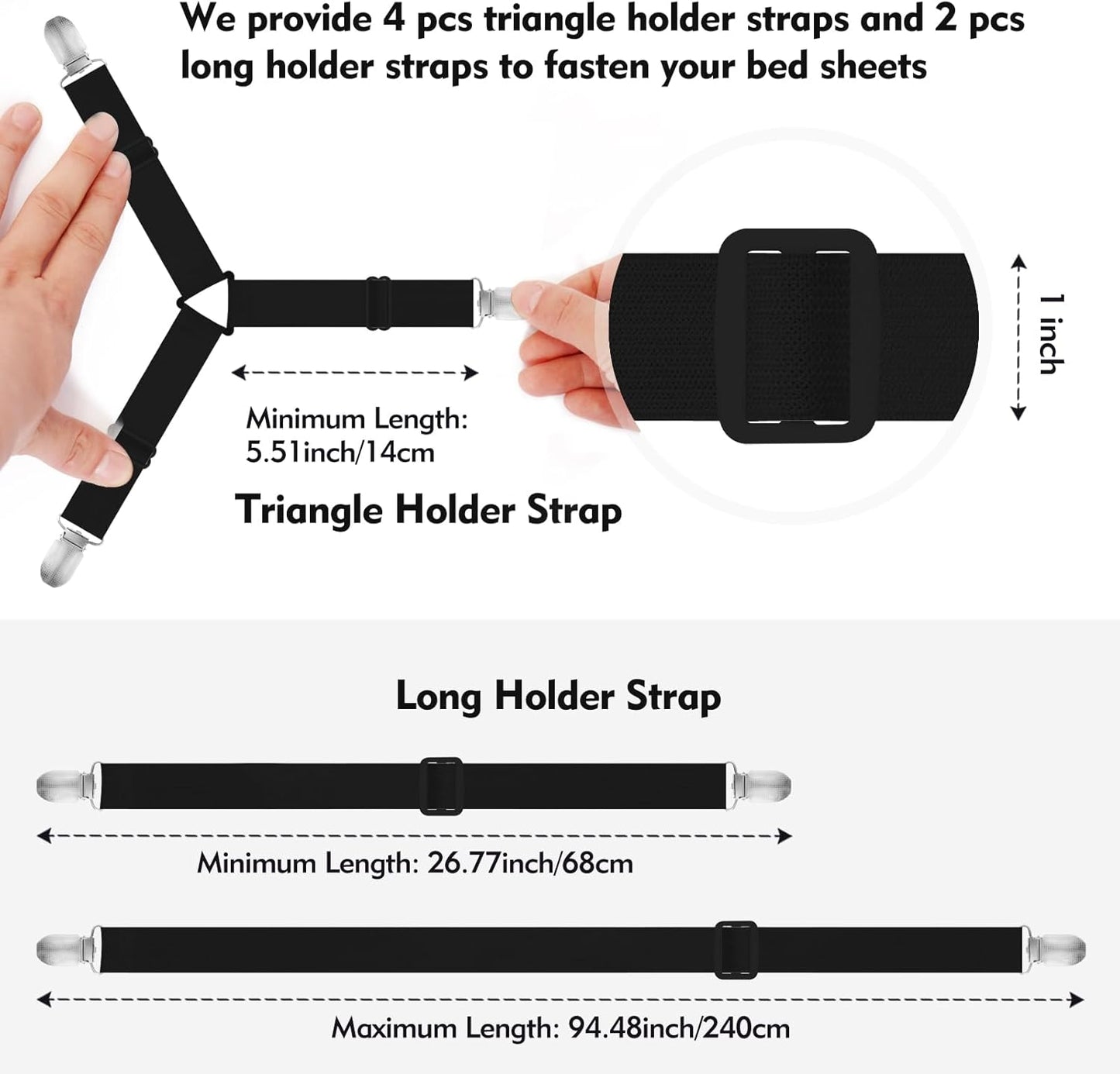 Bed Sheet Holder Straps, 4+2 Pcs Adjustable Mattress Sheet Clips, Elastic Fasteners to Keep Bed Sheet in Place