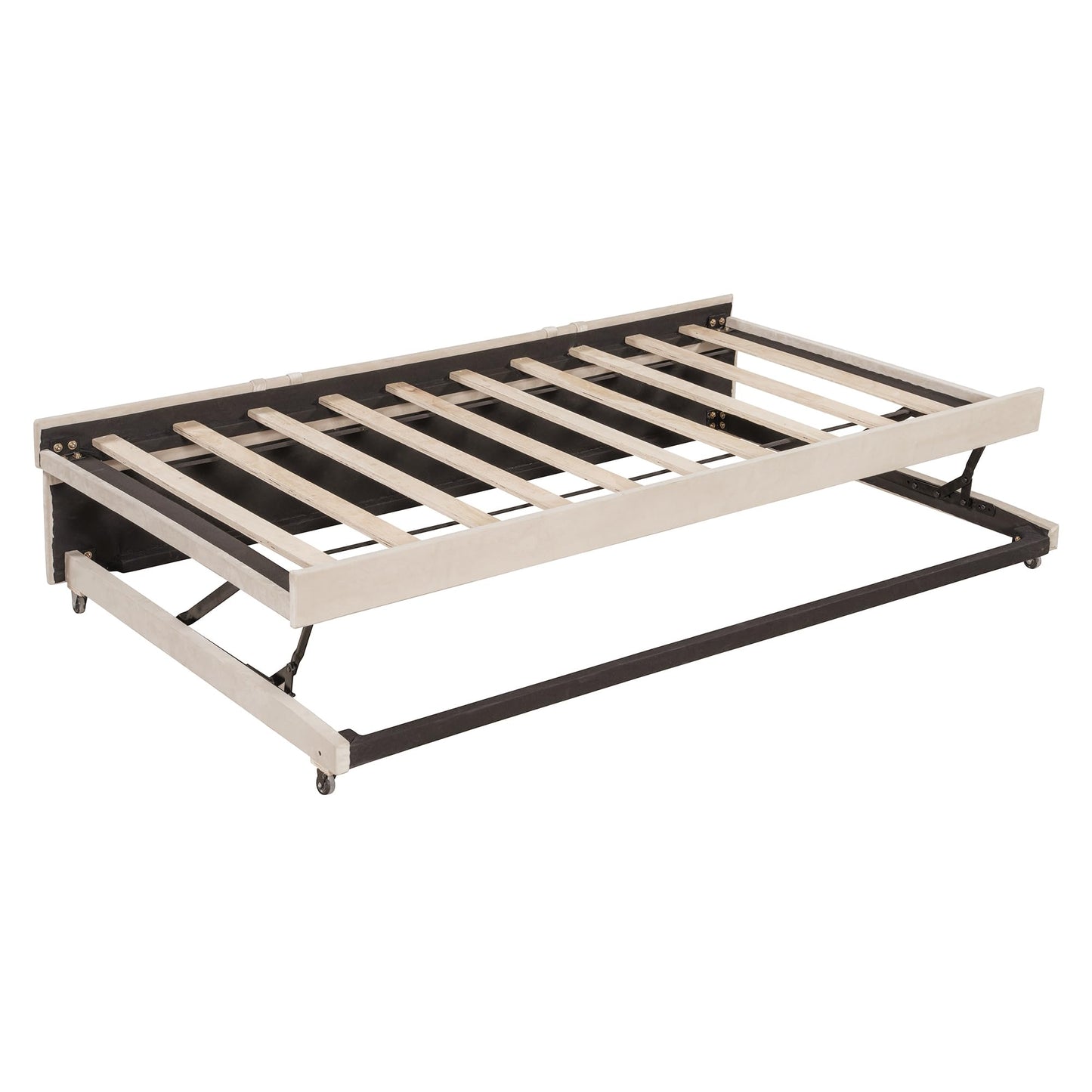 GDFStudio Full Size Upholstered L-Shaped Daybed with Pop Up Trundle, Vertical Stripe Design, Padded Backrest, No Box Spring Needed, Beige