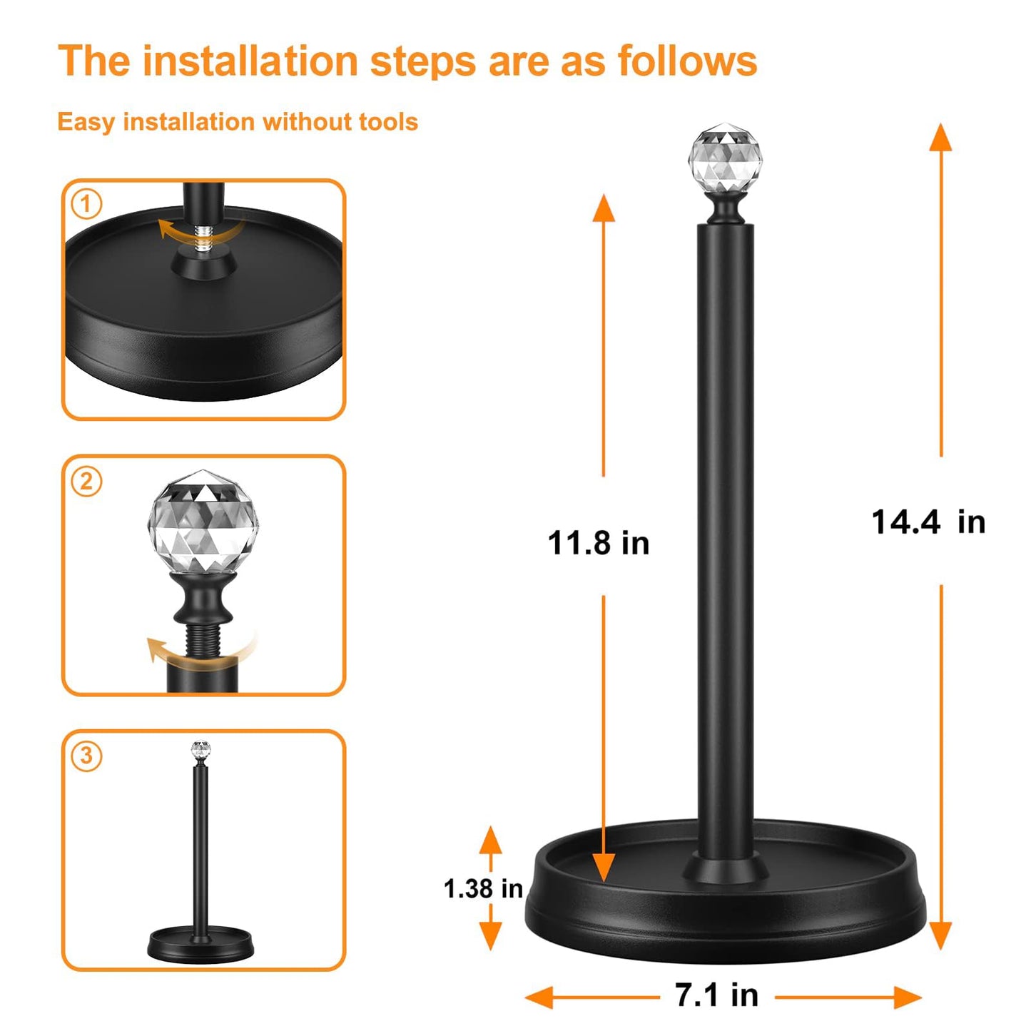 KASUNTO Crystal Head Paper Towel Holder - Steel Countertop Stand for Kitchen, Bars & Dining Tables - Fits Standard & Jumbo Rolls - Matte Black