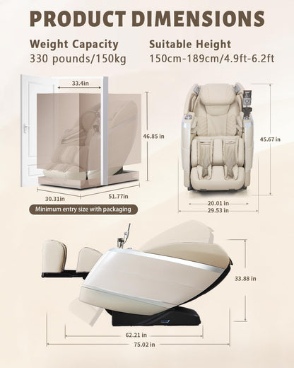 RelaxRelife 4D Full Body Massage Chair with Flexible 166° Track, Reading Light, 18 Massage Modes, 11 Techniques, 36 Airbags, Zero Gravity Recliner with Yoga Stretch and Foot Massage Beige