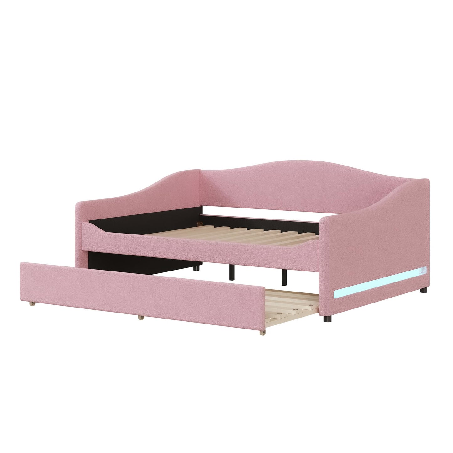 Full Size Upholstered Daybed with Trundle,Teddy Fleece Full Daybed Frame,Full Day Bed with LED Light,Tufted Sofa Bed Daybed for Bedroom,Living Room,Guest,Pink