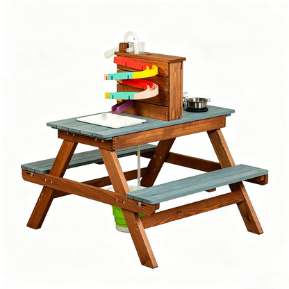 Kids Wooden Picnic Table with Water Table & Play Kitchen, 2-in-1 Outdoor Sand & Water Table with Ramp, Toddler Picnic Table for Backyard, Patio, Garden