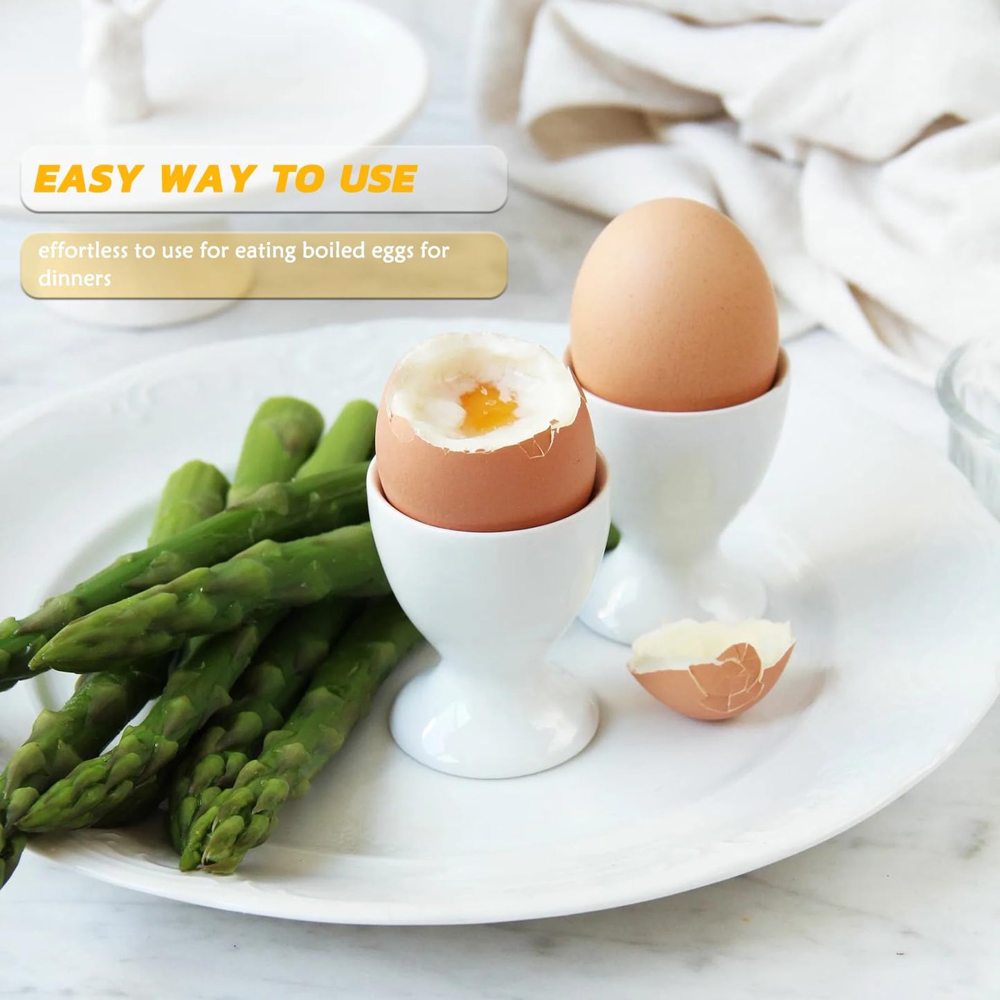 RHAFAYRE Egg Holder for Boiled Eggs, 6 Pack Porcelain Egg Cups with Spoons for Soft Hard Boiled Eggs Breakfast Dinner, 3.5" White