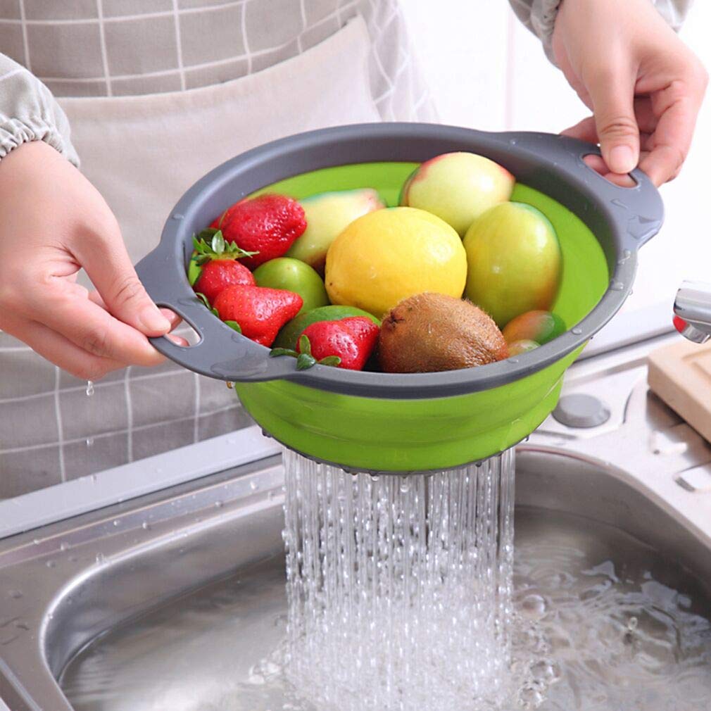 Qimh Collapsible Colander Set of 3 Round Silicone Kitchen Strainer Set - 2 pcs 4 Quart and 1 pcs 2 Quart- Perfect for Draining Pasta, Vegetable and fruit (green,blue, purple)