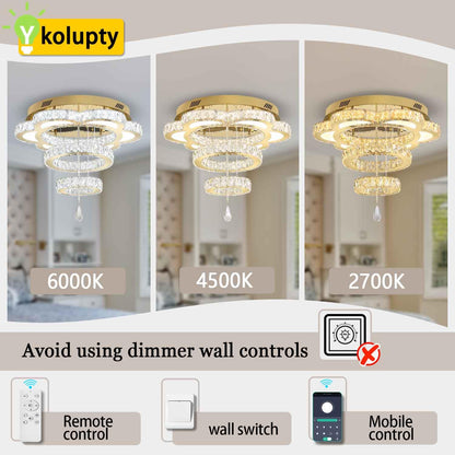 ykolupty W24 Modern Crystal Gold Chandelier for Living Room Dining Room,Bedroom, Entrance Ceiling Light Lamparas de techo LED Dimmable 2700K-6000K