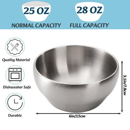 Youeon 3 Pack 28 Oz SUS304 Brushed Stainless Steel Bowls, Double Wall Insulated Bowls, Stainless Steel Soup Bowl for Cereal, Ice Cream, Noodle, 6 Inch Bowl Set for Serving, Dishwasher Safe