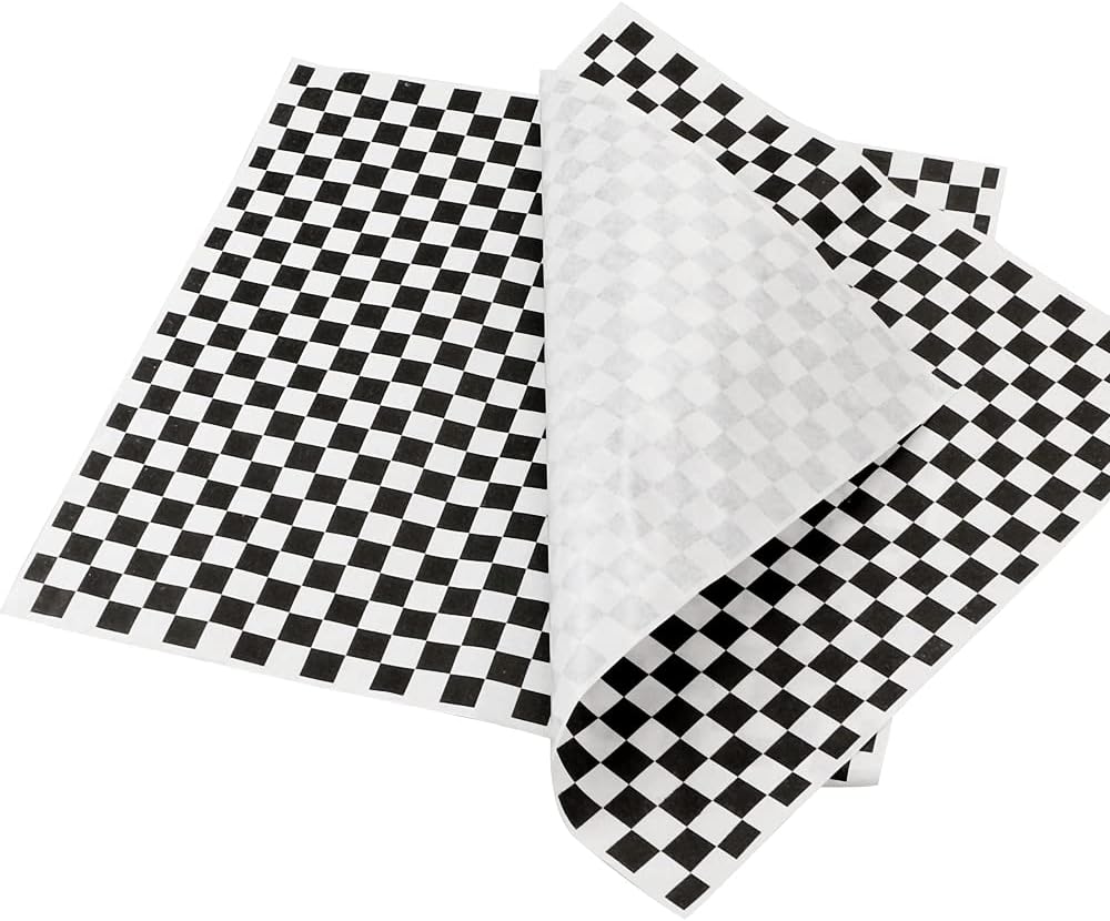 100 Sheets Checkered Dry Waxed Deli Paper Sheets for Plastic Food Basket, Wrapping Bread and Sandwiches (Black)