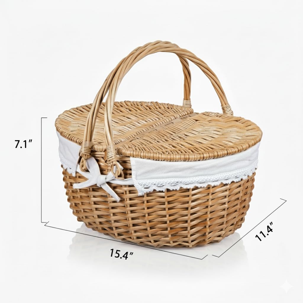 Wicker Picnic Basket with Lid and Handle 15" Sturdy Woven Body with Washable Lining for Easter,Mother's Day,Outdoor Camping,Not Dyed
