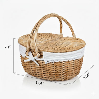 Wicker Picnic Basket with Lid and Handle 15" Sturdy Woven Body with Washable Lining for Easter,Mother's Day,Outdoor Camping,Not Dyed