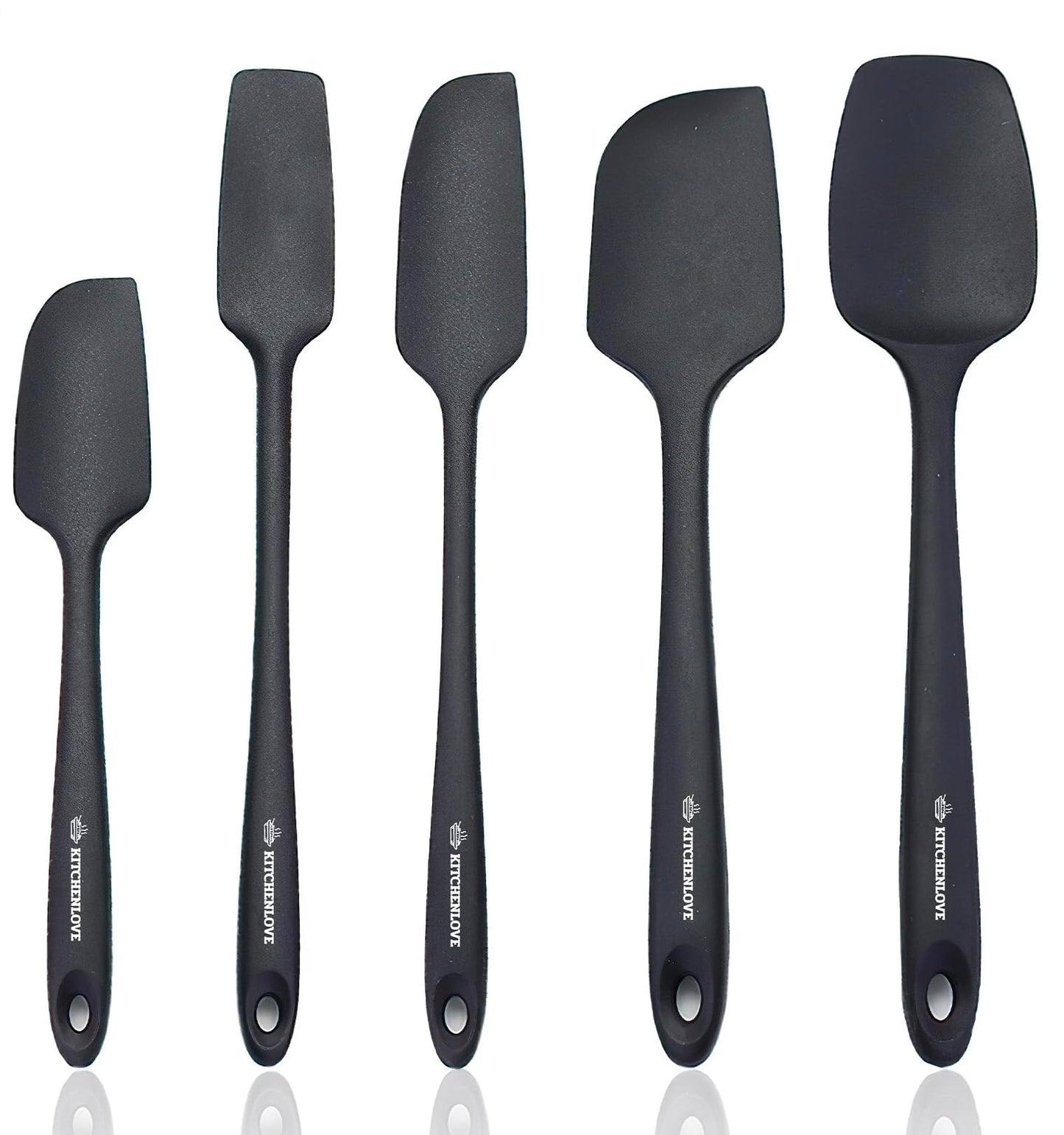 KITCHENLOVE Premium 600°F Heat Resistant 5 Piece Silicone Spatula Set for Baking, Cooking, Mixing - Non-Stick with High Grade S-Iron Steel Core - One Piece Seamless Design - BPA Free (Black)