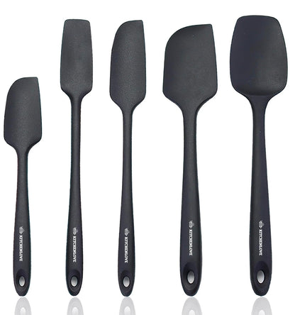 KITCHENLOVE Premium 600°F Heat Resistant 5 Piece Silicone Spatula Set for Baking, Cooking, Mixing - Non-Stick with High Grade S-Iron Steel Core - One Piece Seamless Design - BPA Free (Black)