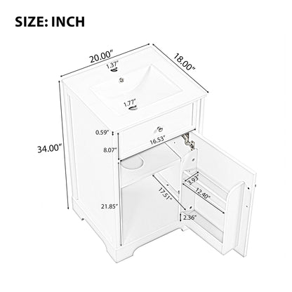 20" Small Bathroom Vanities Cabinet with Undermount Ceramic Sink, Two-Tier Door Storage Shelf, White