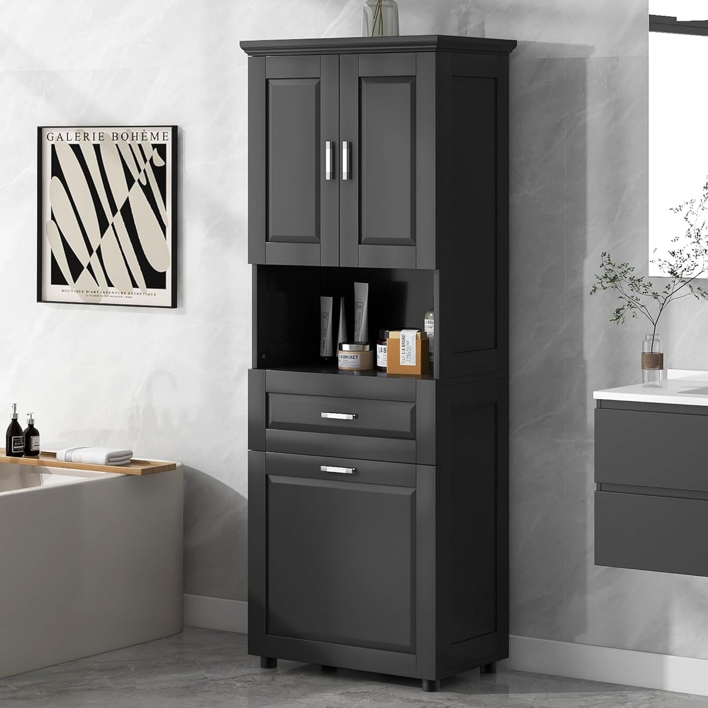 Virubi Laundry Cabinet with Tilt Out Laundry Hamper and Drawer, Wood Tall Bathroom Storage Cabinet with Doors and Adjustable Shelves, Freestanding (Black)