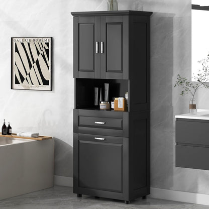 Virubi Laundry Cabinet with Tilt Out Laundry Hamper and Drawer, Wood Tall Bathroom Storage Cabinet with Doors and Adjustable Shelves, Freestanding (Black)