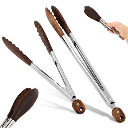 2 Pcs Wooden Tongs for Cooking & Serving Food, 12 & 15 Inch Stainless Steel Kitchen Salad Tongs with Walnut Wood Tip, Cooking Utensils Set for Salad BBQ and Serving Food