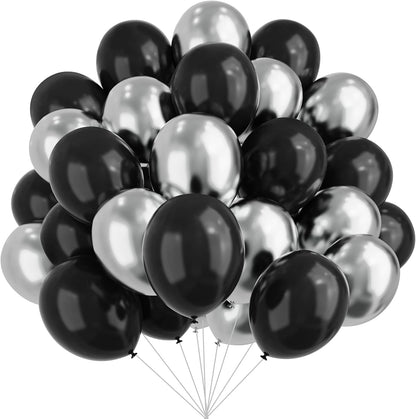 Skiennix 12-Inch Metallic Black & Silver Balloons - 67pcs for Birthday, Baby Shower & Wedding Decor