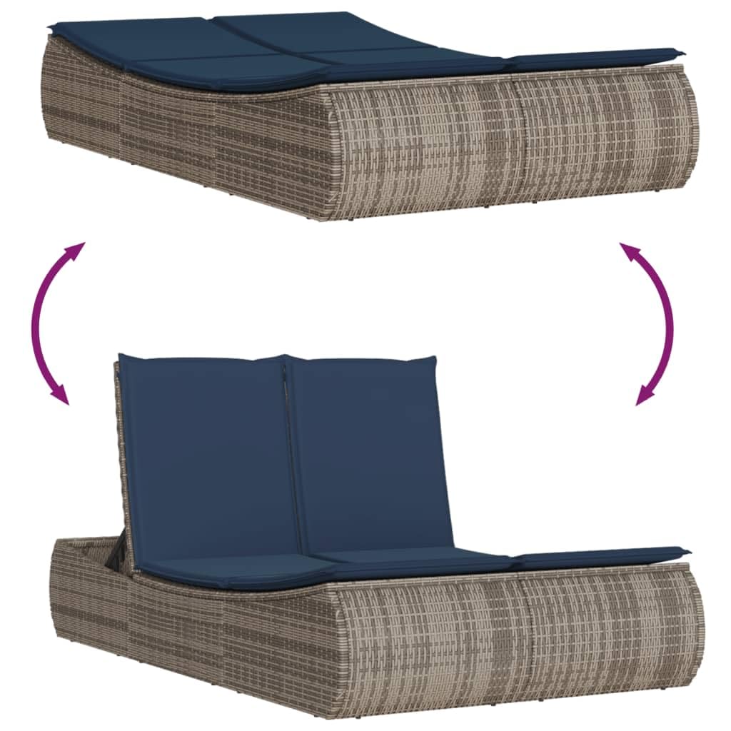 MBDRKVGF Double Sun Lounger with Canopy and Cushions, Outdoor Poly Rattan Daybed with Adjustable Backrest, Gray Patio Lounge Chair for Garden Poolside