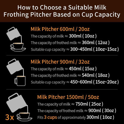watchget Milk Frothing Pitcher 350ml/600ml/900ml/1500ml (12oz/20oz/32oz/52oz) - Stainless Steel Espresso Steaming Pitcher for Cappuccino, Latte Art, Milk Jug Coffee Frother Cup, Black