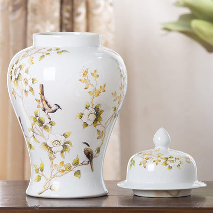 ZHOUXIAO White Ceramic Ginger Jar with Lid for Home Decor,Traditional Chinese Flowers and Birds Temple Jar, Jingdezhen Handcrafted Porcelain Vase Centerpiece Decor L
