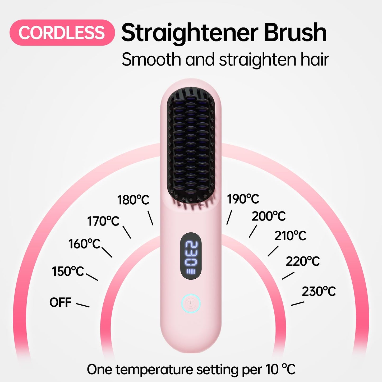 Cordless Hair Straightener Brush-Portable Straightening Comb, 9600mAh Batt, Plasma Tech, 9 Temp-Settings & LED Display, for Travel & Home(Pink)