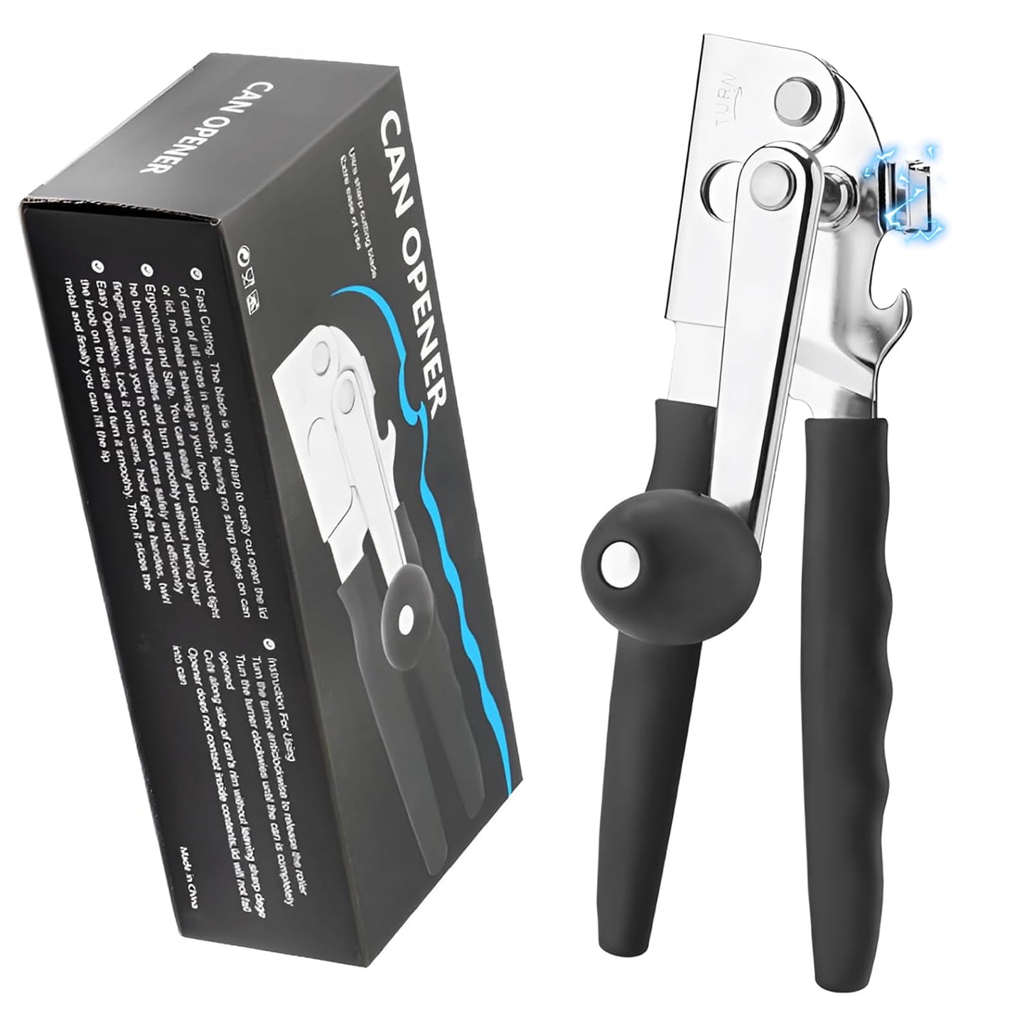 AGIgear Commercial Can Opener,Stainless Steel Heavy Duty Hand Crank Manual Can Openers with Comfortable Extra-long Handles,Ergonomic Design,Black