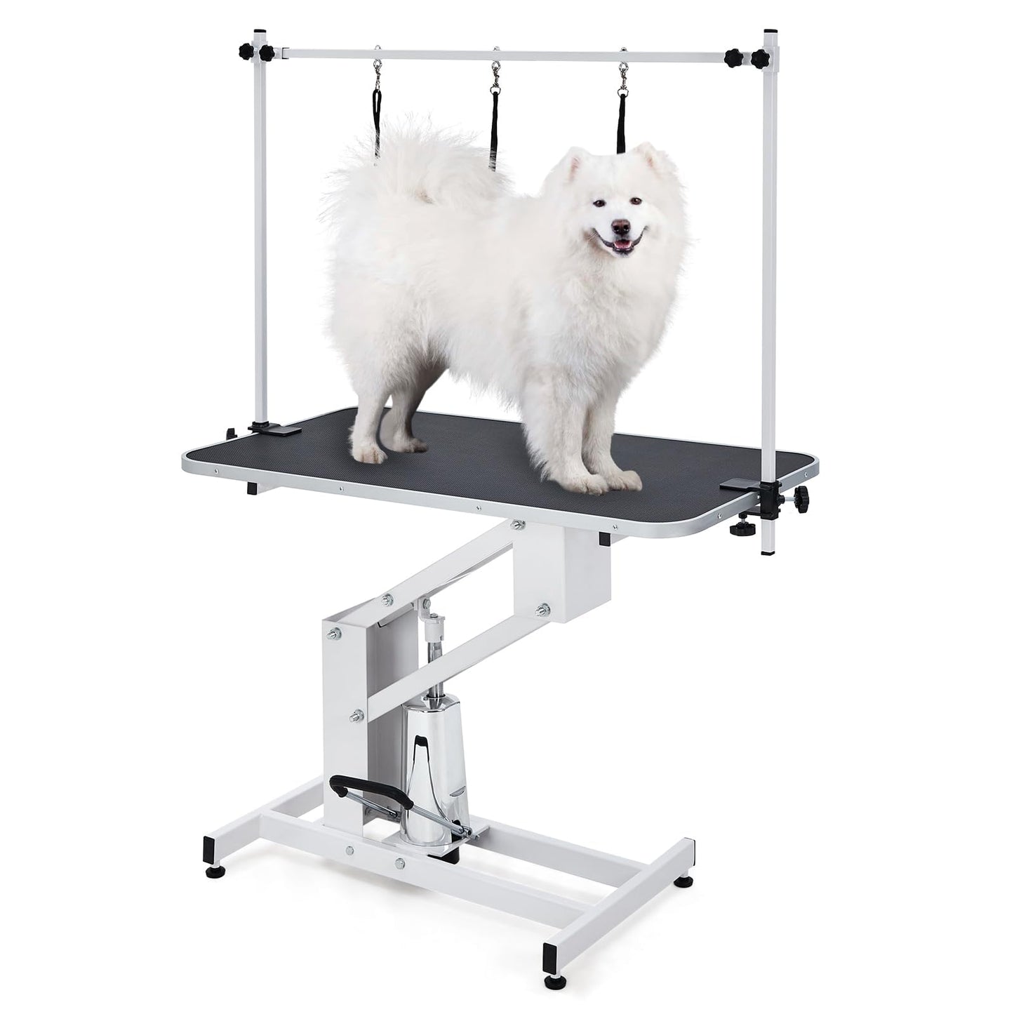 GarveeHome 43.6 in Pet Grooming Table for Large Dogs, Heavy Duty Height Adjustable Dog Grooming Table With Overhead Arm & Noose Height Range 22 in -39 in, Maximum Capacity Up to 350 LBS, White