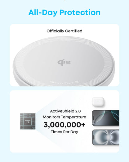 Anker Zolo Magnetic Wireless Charger, Qi2 Certified 15W MagSafe-Compatible Wireless Charging Pad, for iPhone 16/15/14/13 Series, AirPods, and More (Adapter Not Included) (White, 2 Pack)