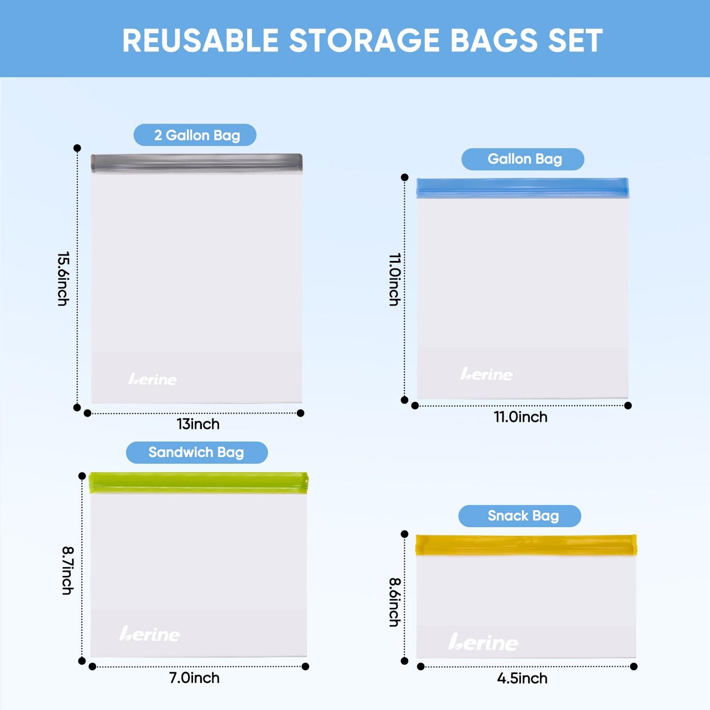 Lerine 10 Pack Stand-Up Reusable Freezer Bags, Leakproof Dishwasher Safe Food Storage Bags, BPA Free Reusable Gallon Bags for Marinating, Meal Prep (Multicolor, 3 Gallon 4 Sandwich 3 Snack)