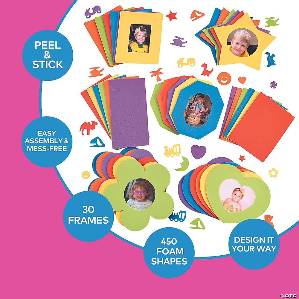 Bulk DIY Foam Picture Frames (30 Frames in Variety of Shapes and 450 Decorating Stickers) Crafts for Kids and Fun Home Activities