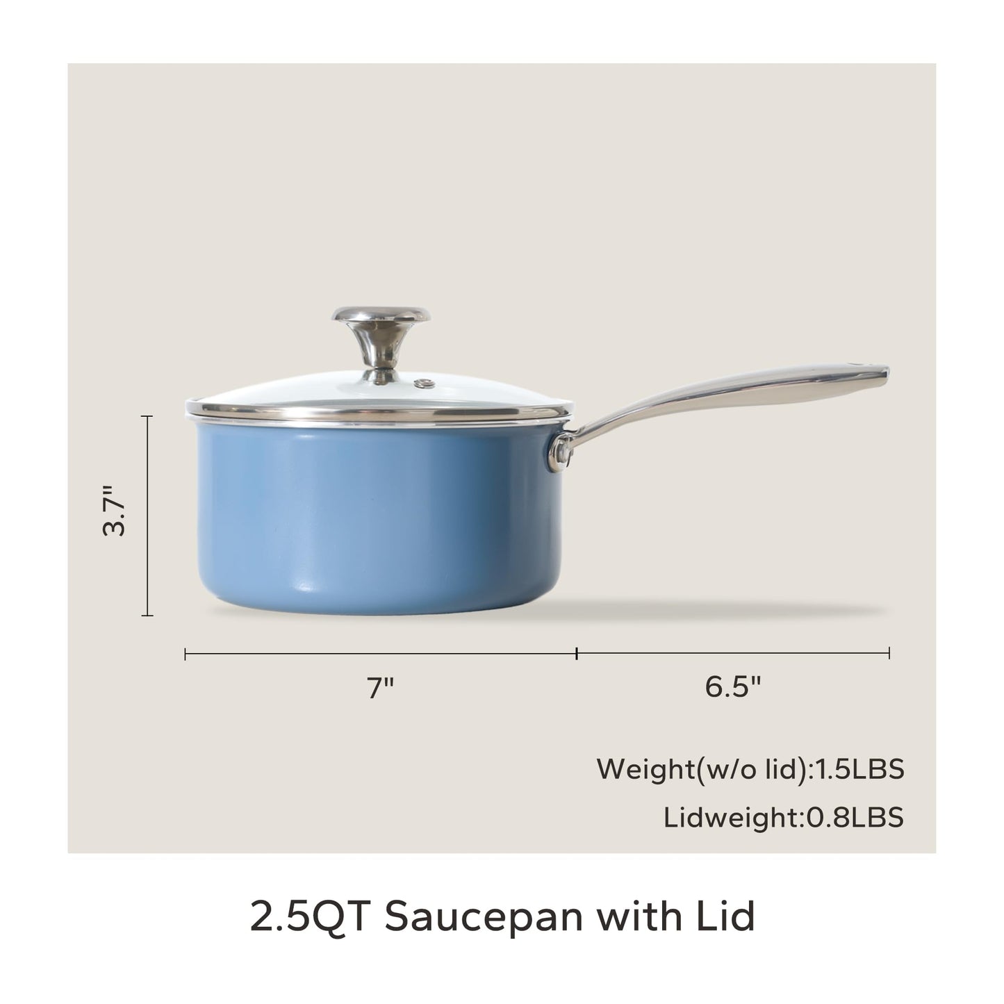 Redchef Nonstick Ceramic Sauce Pan with Lid, 2.5QT Small Cooking Pot with Stay-Cool Handle, Kitchen Non Toxic Soup Pot, PTFE & PFOA Free, Oven & Dishwasher Safe, Compatible with All Stovetops-Blue