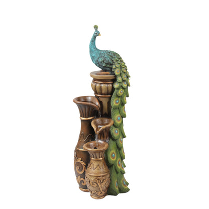 LuxenHome Outdoor Water Fountain, 44 Inch Resin Peacock Water Fountain Outdoor with Urns and LED Light, Tall Fountains Outdoor for Garden, Waterfall for Patio, Brown/Teal