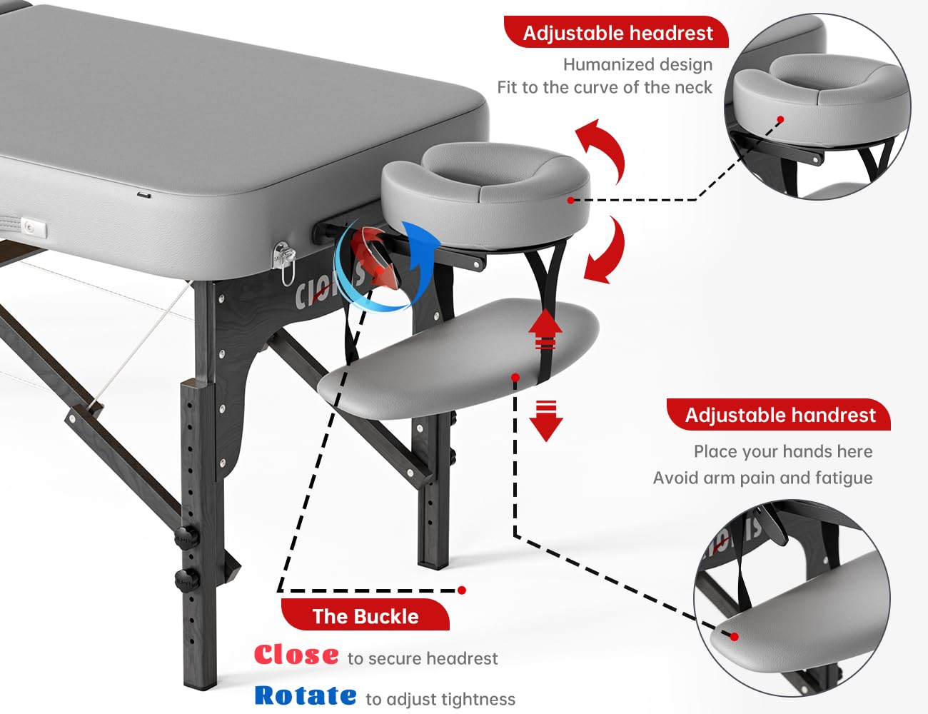 CLORIS 84" Professional Massage Table Portable Reinforced Wooden Leg 2 Folding Lightweight Spa Salon Tattoo Massage Bed Height Adjustable Hold Up to 1100LBS with Carrying Bag Grey