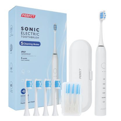 PERECT Ultrasonic Electric Toothbrush with 6 Brush Heads, 5 Modes Electric Toothbrush, Travel Rechargeable Power Toothbrush for Adults with Smart Timer &Travel Case & Soft Picks, IPX7 Waterproof, Pink