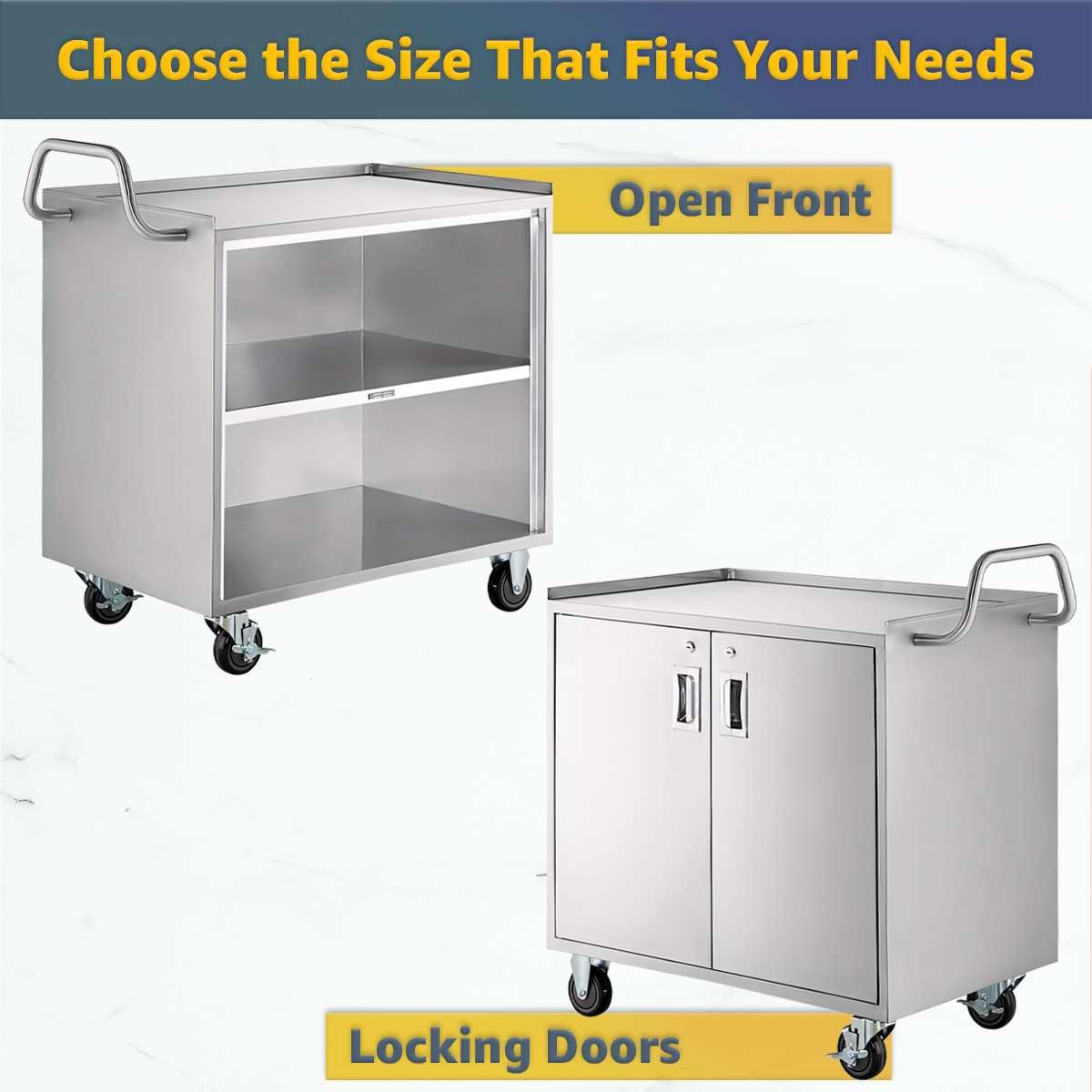 21" x 33" Commercial NSF Stainless Steel Utility Cart - 3 Shelf Enclosed Base with Locking Doors, Heavy-Duty Service Cart on Wheels for Kitchens and Catering