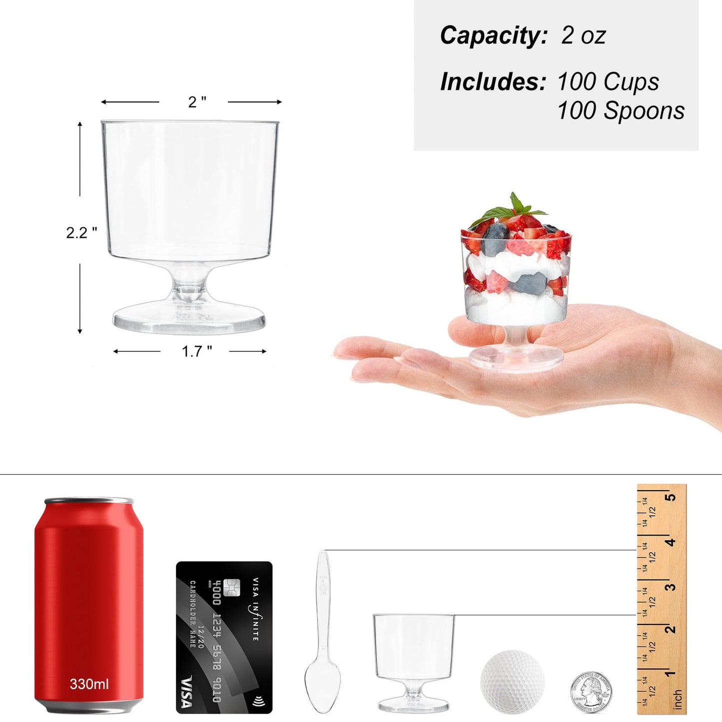 Zezzxu 100 x 2 oz Mini Dessert Cups with Spoons, Goblet - Disposable Appetizer Cup Mousse Cups Small Plastic Dessert Shot Glasses for Serving Individual Desserts, Cocktails, Trifle