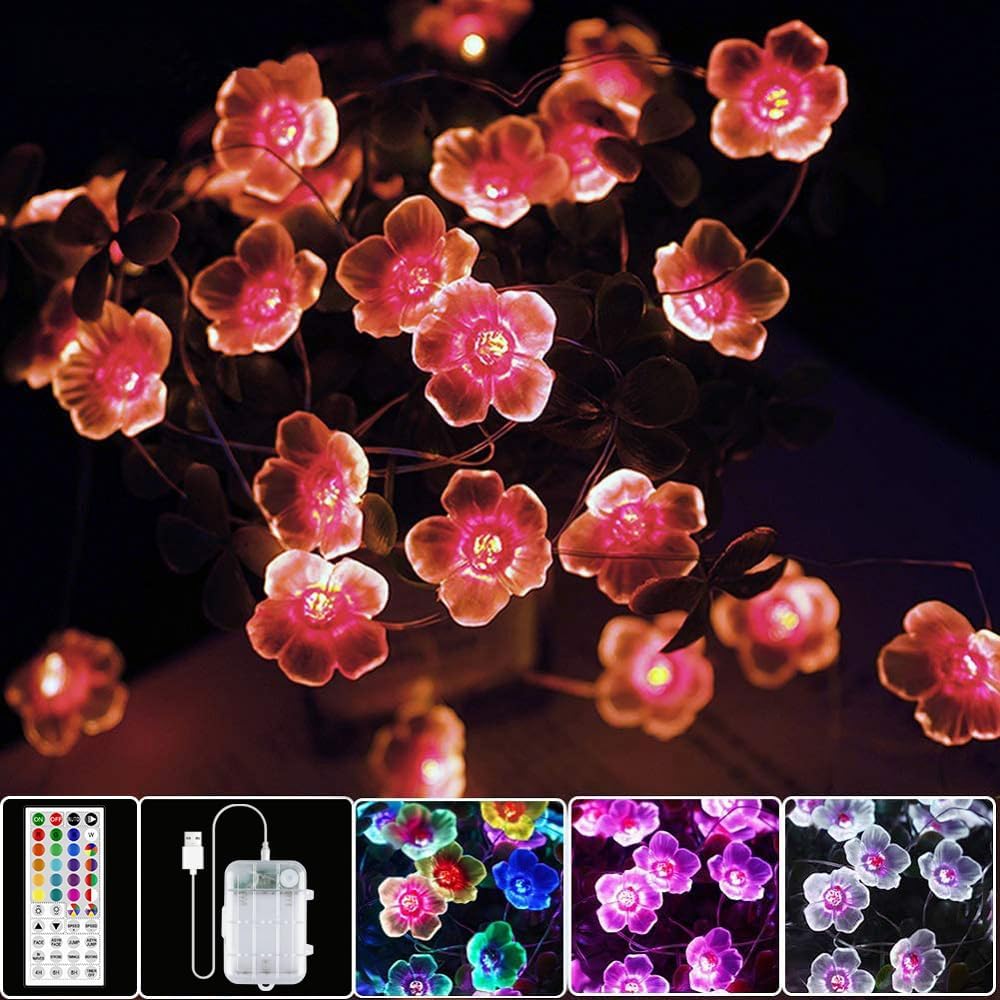 13ft 40LED OMIKA Multicolor Flower Lights Cherry Blossom String Lights Battery Operated & USB Powered, Fairy Lights