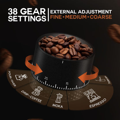 LEBURRY Burr Coffee Grinder - Portable Espresso Grinder with Stainless Steel Conical Mill for Travel, Camping - Cordless/Rechargeable Electric Coffee Bean Grinders with 38 Adjustable Grind Settings