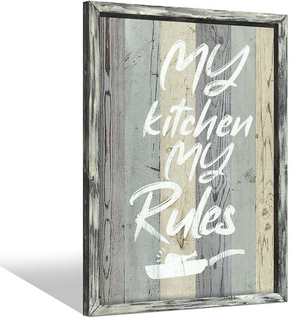 24x16 Inches Kitchen Quotes Framed Wall Art: Funny My Kitchen My Rules Wooden Painting Print Rustic Farmhouse Saying