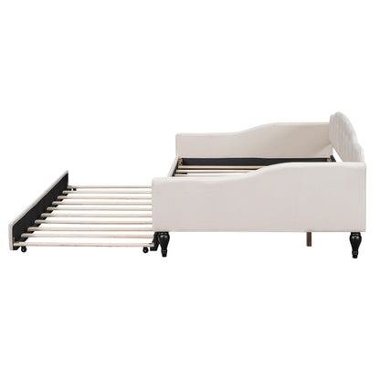 YOPTO Full Size Linen Upholstered Tufted Daybed with Twin Size Trundle,Sofa Bed,No Box Spring Needed, Furniture for Bedroom Living Room Guest Room,Beige