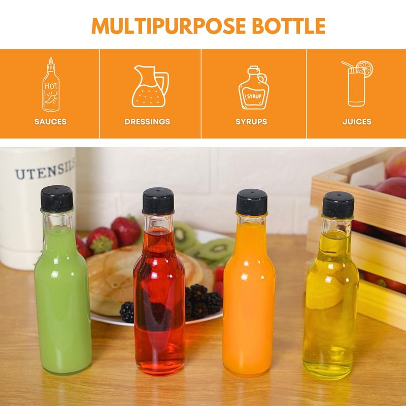 FastRack Woozy Bottle 5 oz (Pack of 12) | Small Hot Sauce Bottles for Canning | Empty Clear Glass Sauce Bottle with Black Plastic Caps | Leakproof Cap - No Dripper Included