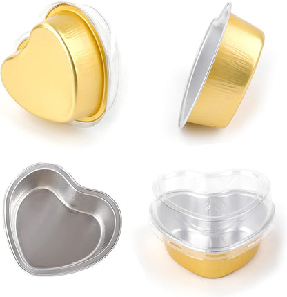 SOUJOY 100 Pieces Heart Shaped Baking Cups, 3.4 oz Aluminum Foil Cake Pan with Lids for Cupcake Ramekin