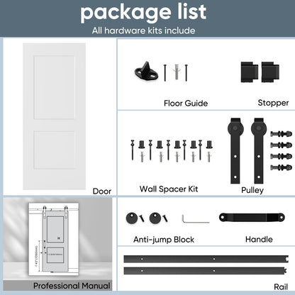 JUBEST 36"x84" Sliding Barn Door, 2-Panel White Primed Composite Interior Molded Door Slab with 6FT Hardware Kits & Handle, Preassembled Solid Core Panels with Paintable Surface, Durable & Sturdy