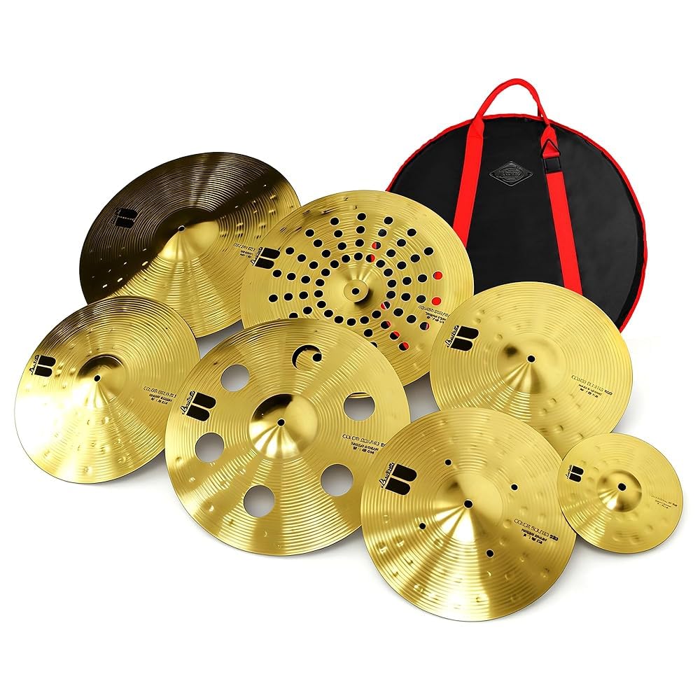 JBK 300 Series Aluminum Alloy Cymbal Set, 7 Pcs Golden Drum Cymbals Complete Kit with Cymbal Bag for Professional Performance