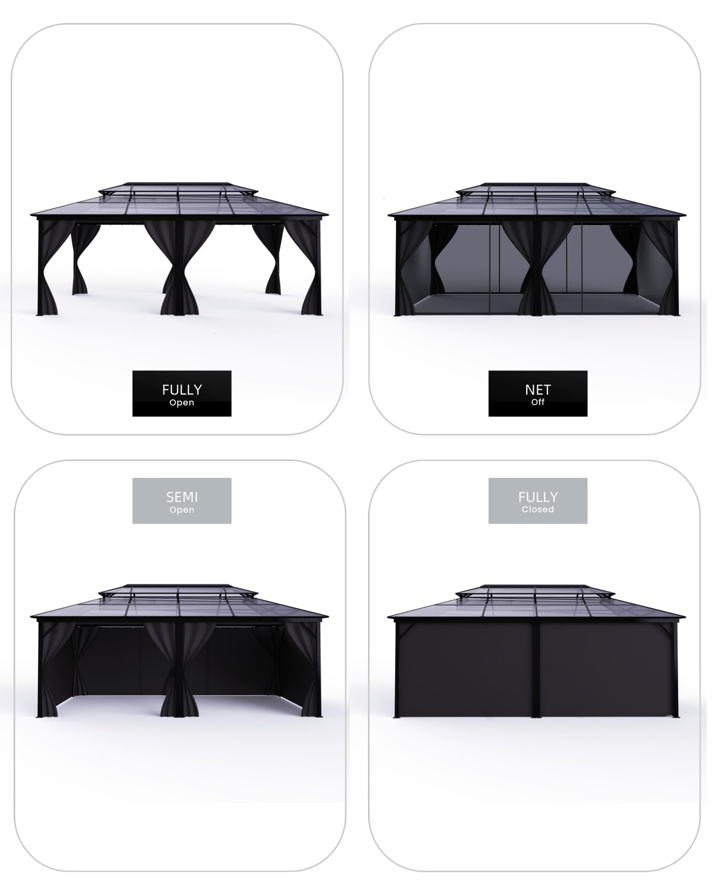 GarveeLife Hardtop Gazebo 12 ft x20 ft for All Weather, Double Polycarbonate Sheets Roof, Aluminum Alloy Frame, Net, and Curtain, Permanent Building for Patio, Deck, Backyard, Lawn, and Garden