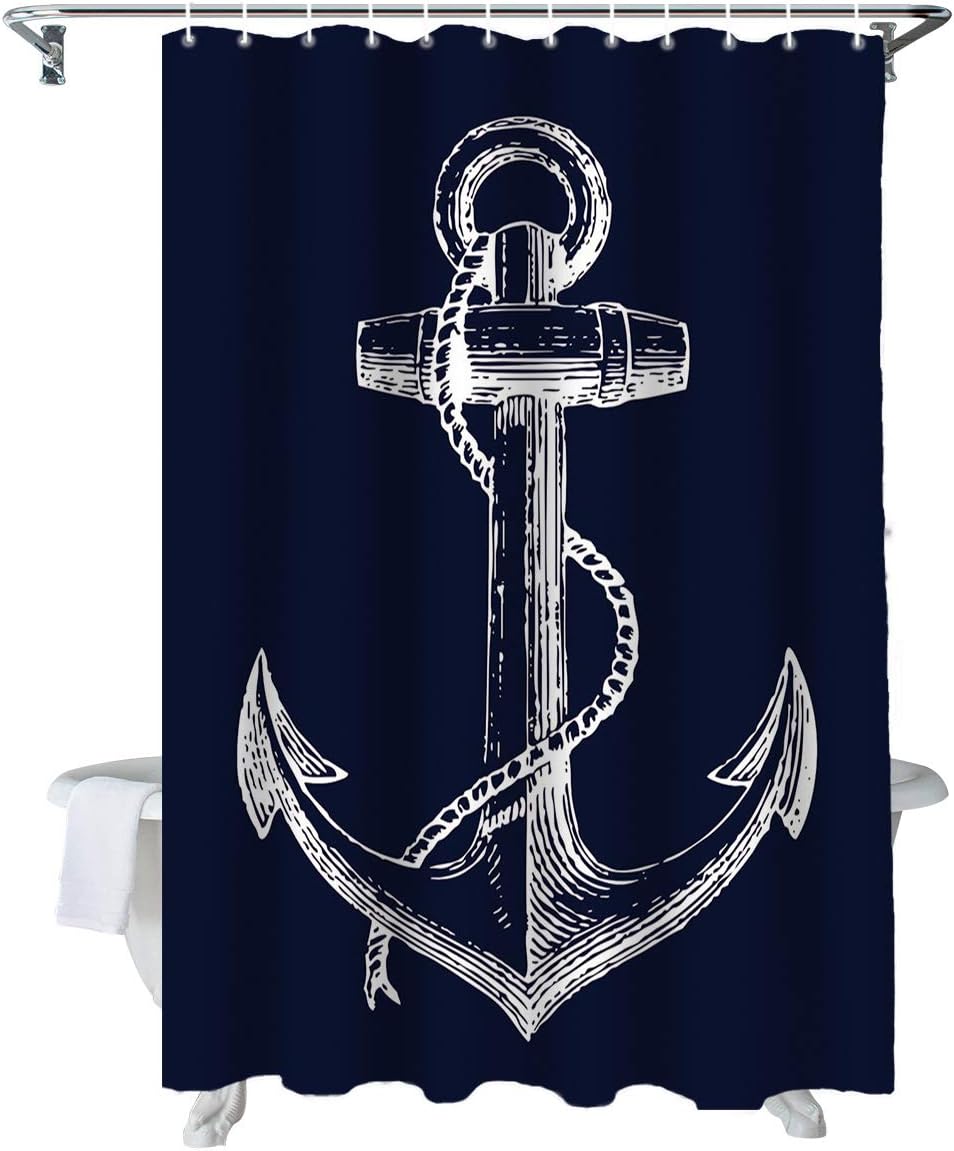 Custom Nautical Navy Blue Anchor Shower Curtain, 70x72 Inch