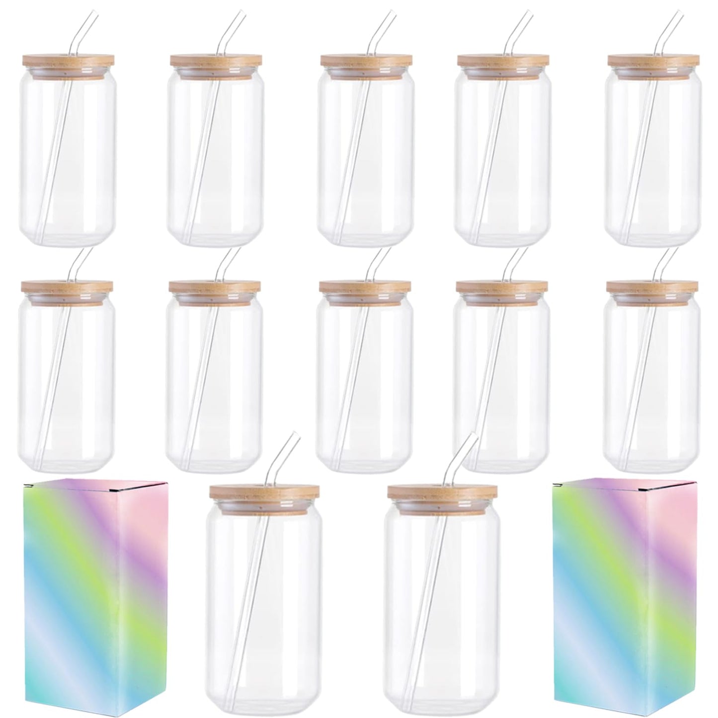 ABBSH Sublimation Glass Blanks, Sublimation Clear Glass Tumbler 16OZ, Beer Can Glass, FrostedCups With Bamboo Lids And Straws 12Pack