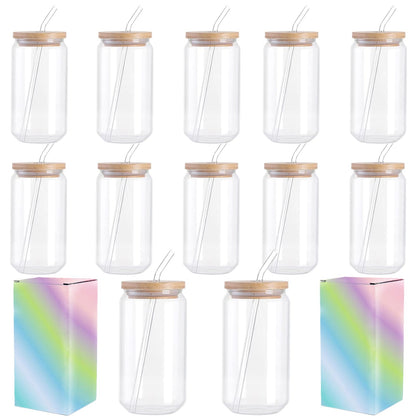 ABBSH Sublimation Glass Blanks, Sublimation Clear Glass Tumbler 16OZ, Beer Can Glass, FrostedCups With Bamboo Lids And Straws 12Pack